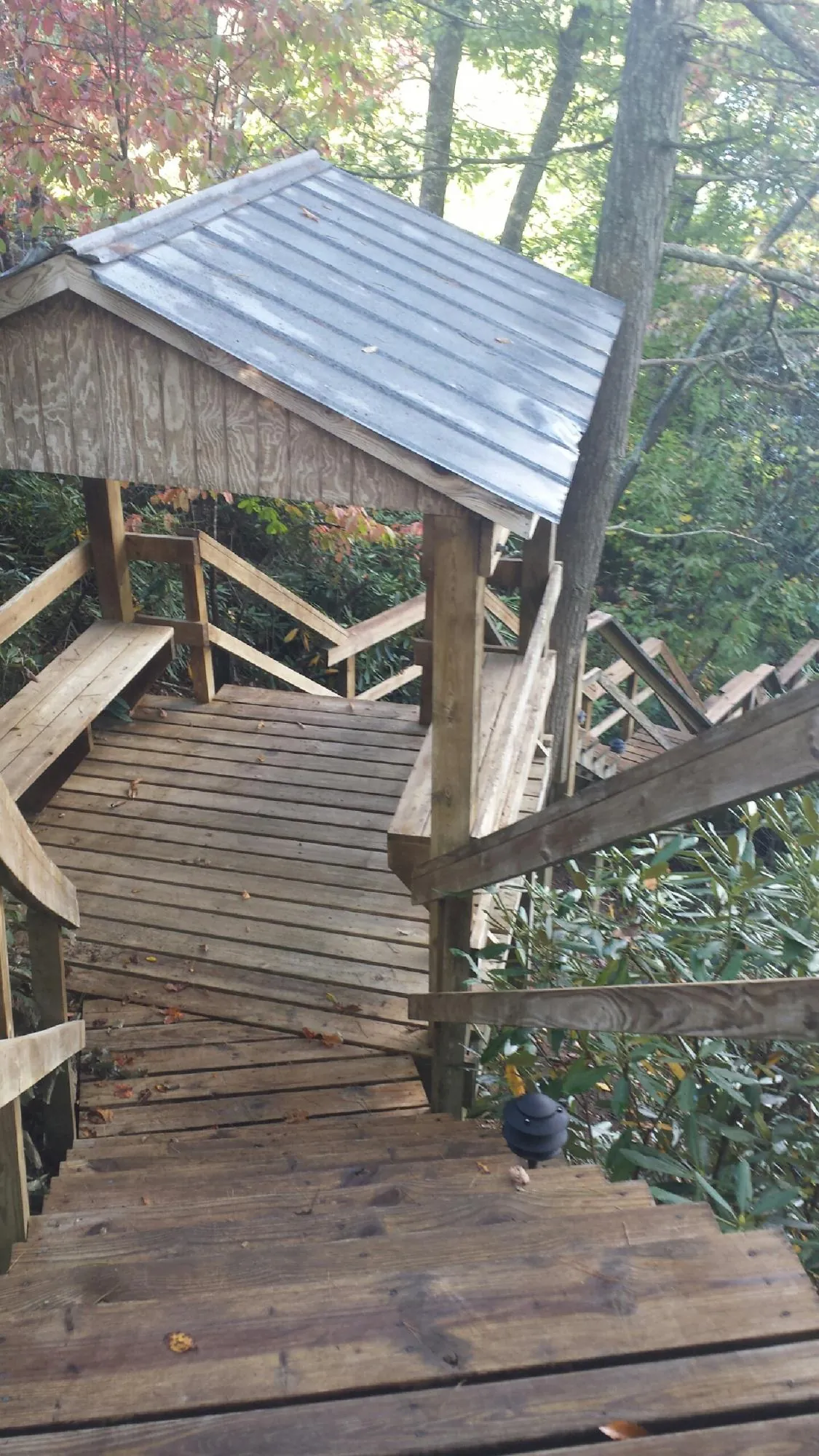 Metal roofed shelter over wooden steps on a wooded walkway — Skylight Repair & Installation work by our crew in Saint Ignatius